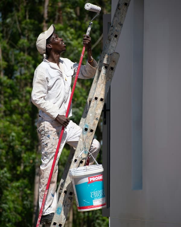 Maler streicht eine Hausfassade von der Leiter aus